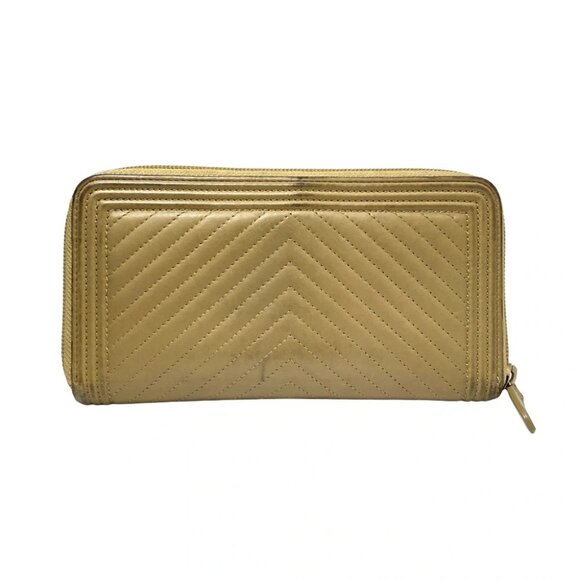 Auth CHANEL Boy Chanel/V Stitch (Chevron) - Beige Lambskin Long Wallet - Picture 2 of 10